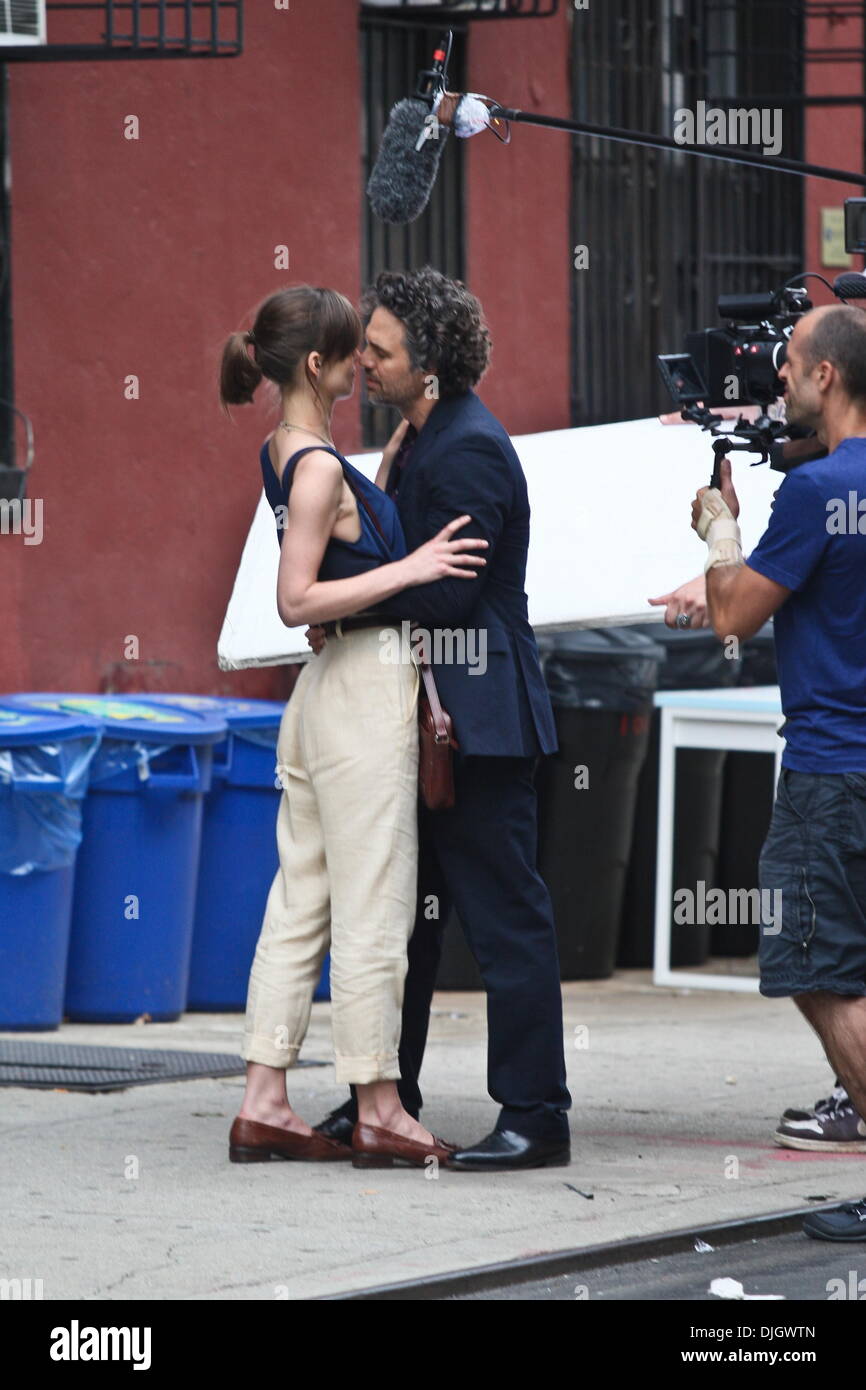 Keira Knightley and Mark Ruffalo share a kiss while filming their new movie 'Can A Song Save Your Life?' New York City, USA - 19.07.12 Stock Photo