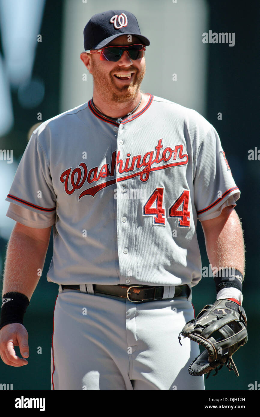 Washington Nationals first baseman Adam Dunn (44) takes the field during  the first inning of the game between the Milwaukee Brewers and Washington  Nationals at Miller Park in Milwaukee, Wisconsin. The Brewers