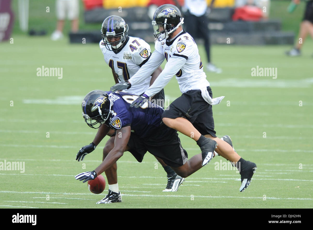 27 July 2010: Baltimore Ravens safety Haruki Nakamura (43) and defensive end Albert McClellan (47) break up a pass to tight end Davon Drew (83) during Raven's training camp at McDaniel College in Westminster, MD...Mandatory Credit: Russell Tracy / Southcreek Global. (Credit Image: © Russell Tracy/Southcreek Global/ZUMApress.com) Stock Photo