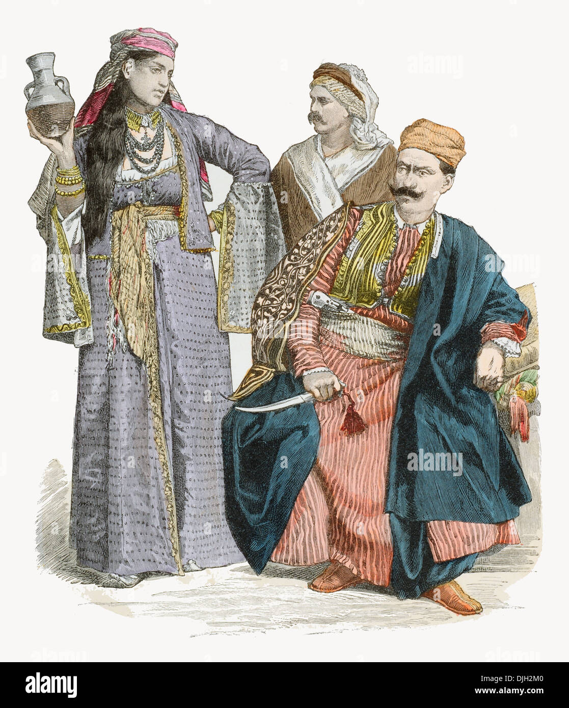 19th century XIX  Armenian girl, Syrian Druze man and a Lebanese man of Damascus Stock Photo