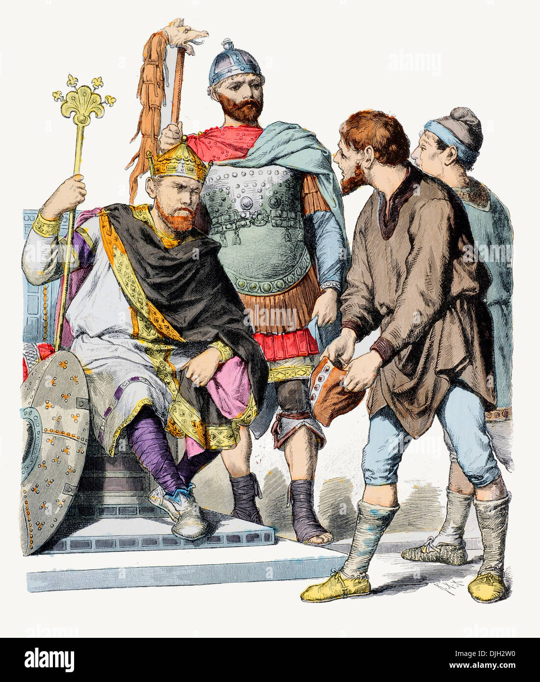 7th Century VII to 8th Century VIII Carolingian King, body guard and subjects Stock Photo