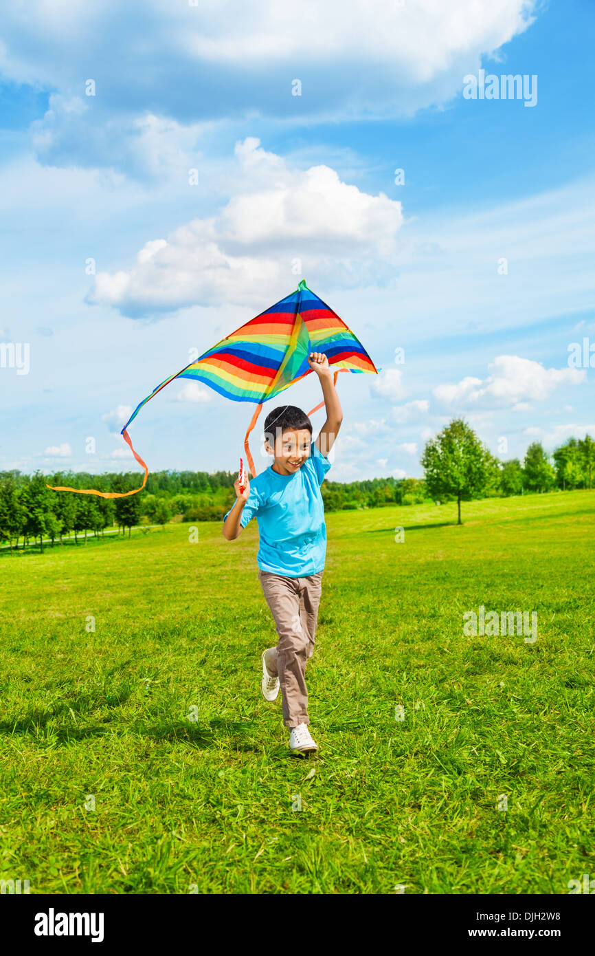 Little 6 years old boy in blue shirt running with kite in the field on summer day in the park Stock Photo