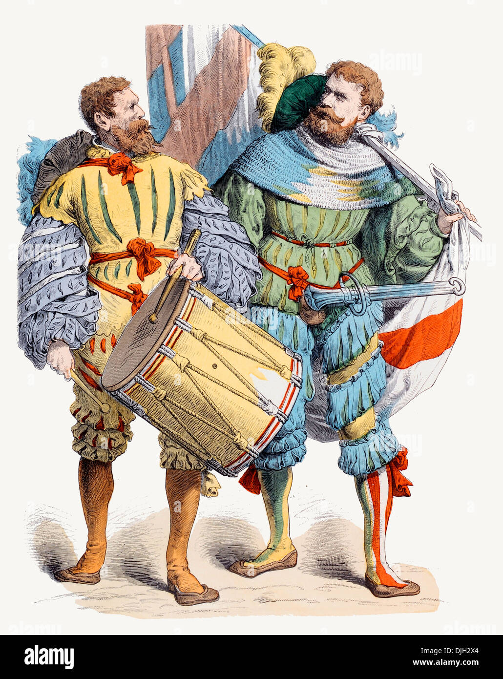 16th Century XVI  German Military Drummer Fifer and Standard Bearer Stock Photo