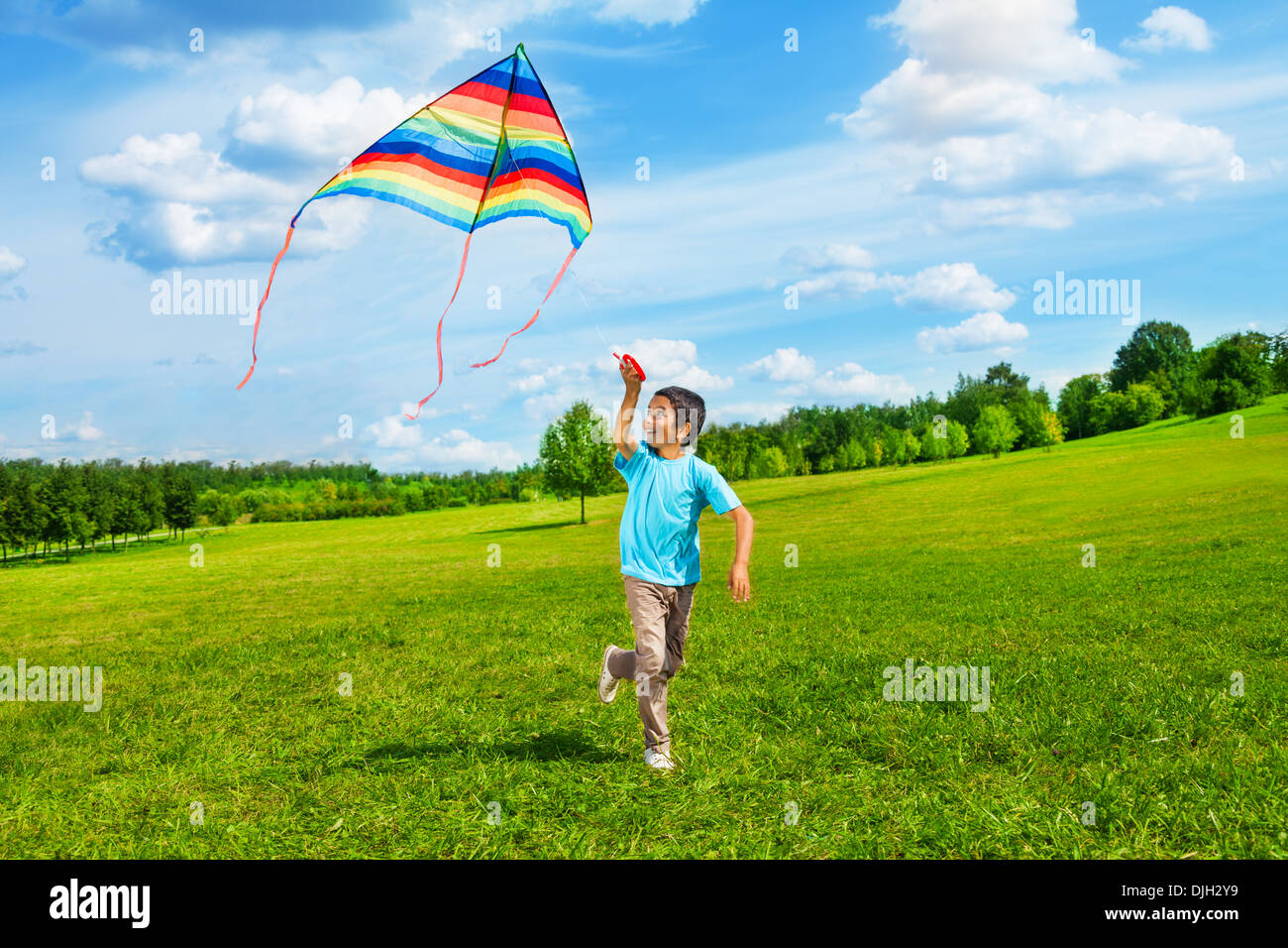 Little boy in blue shirt running with kite in the field on summer day in the park Stock Photo