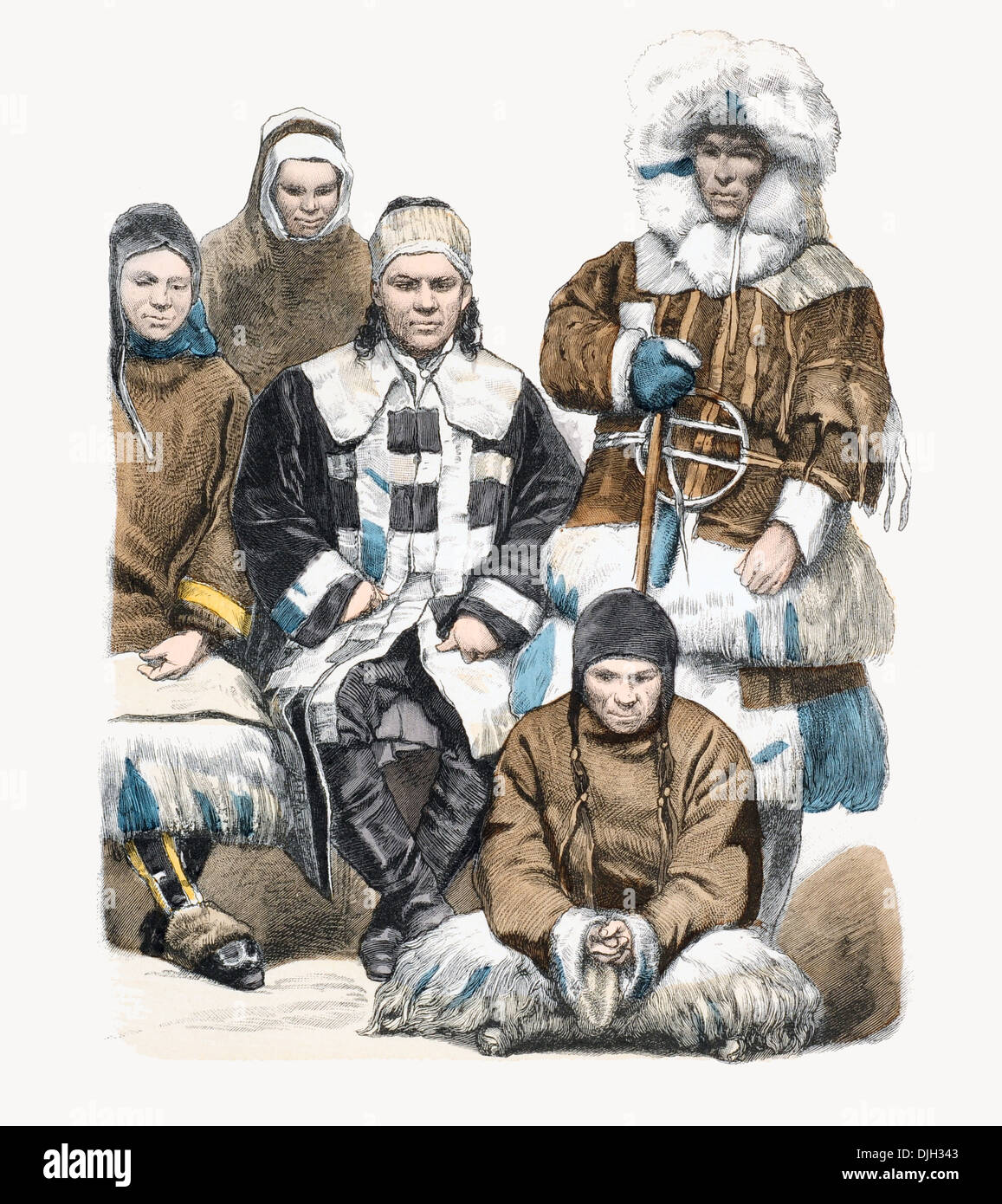 19th century XIX Family of Nomads the Amoor Amur Siberia Steppes In winter fur clothing Stock Photo