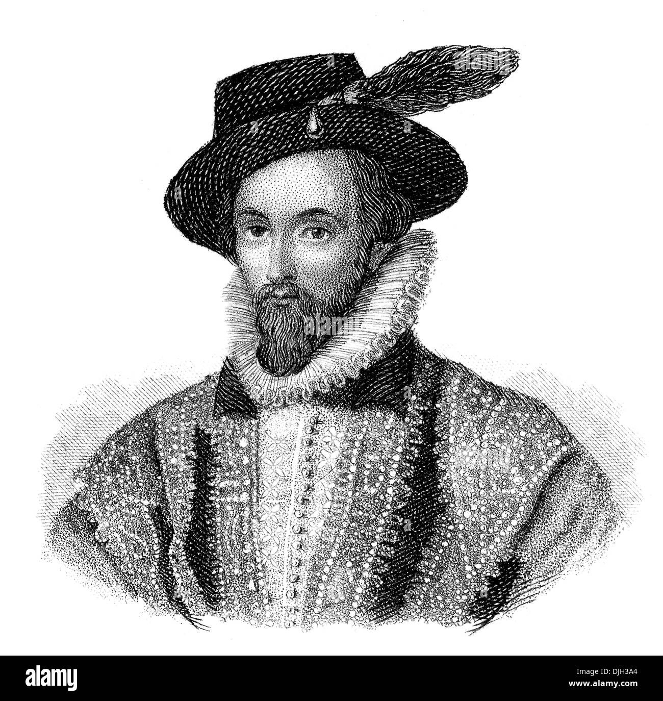 Portrait of Sir Walter Raleigh, 1554 - 1618, an English aristocrat, writer, poet and explorer, Stock Photo