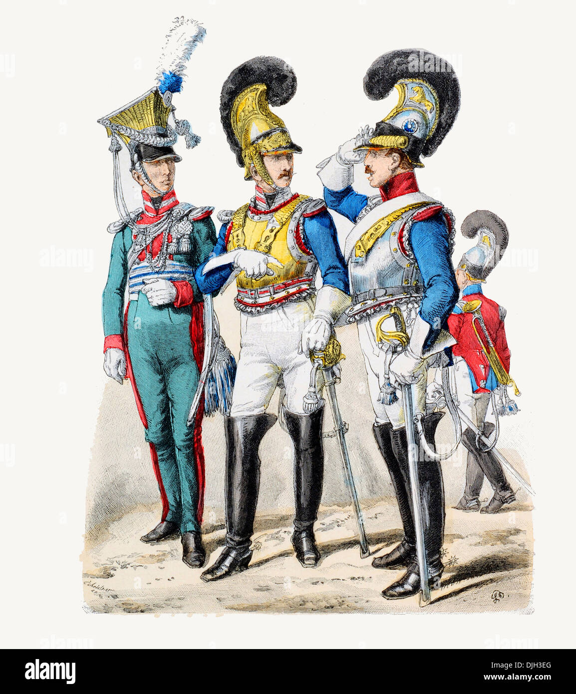 Early 19th century XIX  Bavarian military Left to right lancer, bodyguard,  corps officer and trumpeter Stock Photo