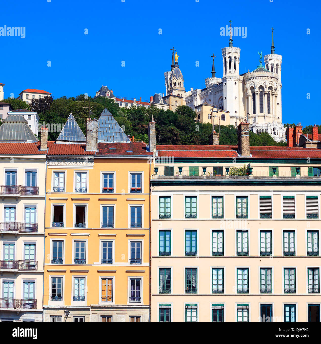 Famous view of Notre Dame de Fourviere, Lyon, France Stock Photo