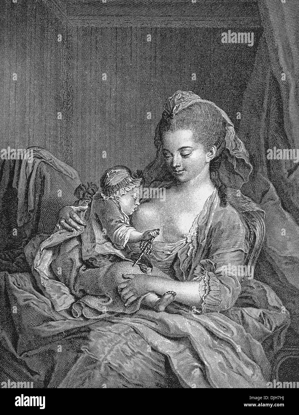 French copper engraving by Chavillet after a painting by Peters, images depicting the painter's wife, 1800 Stock Photo