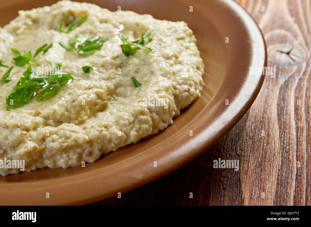 fresh homemade Baba Ghanoush .Traditional Lebanese . Mediterranean food.farm-style Stock Photo