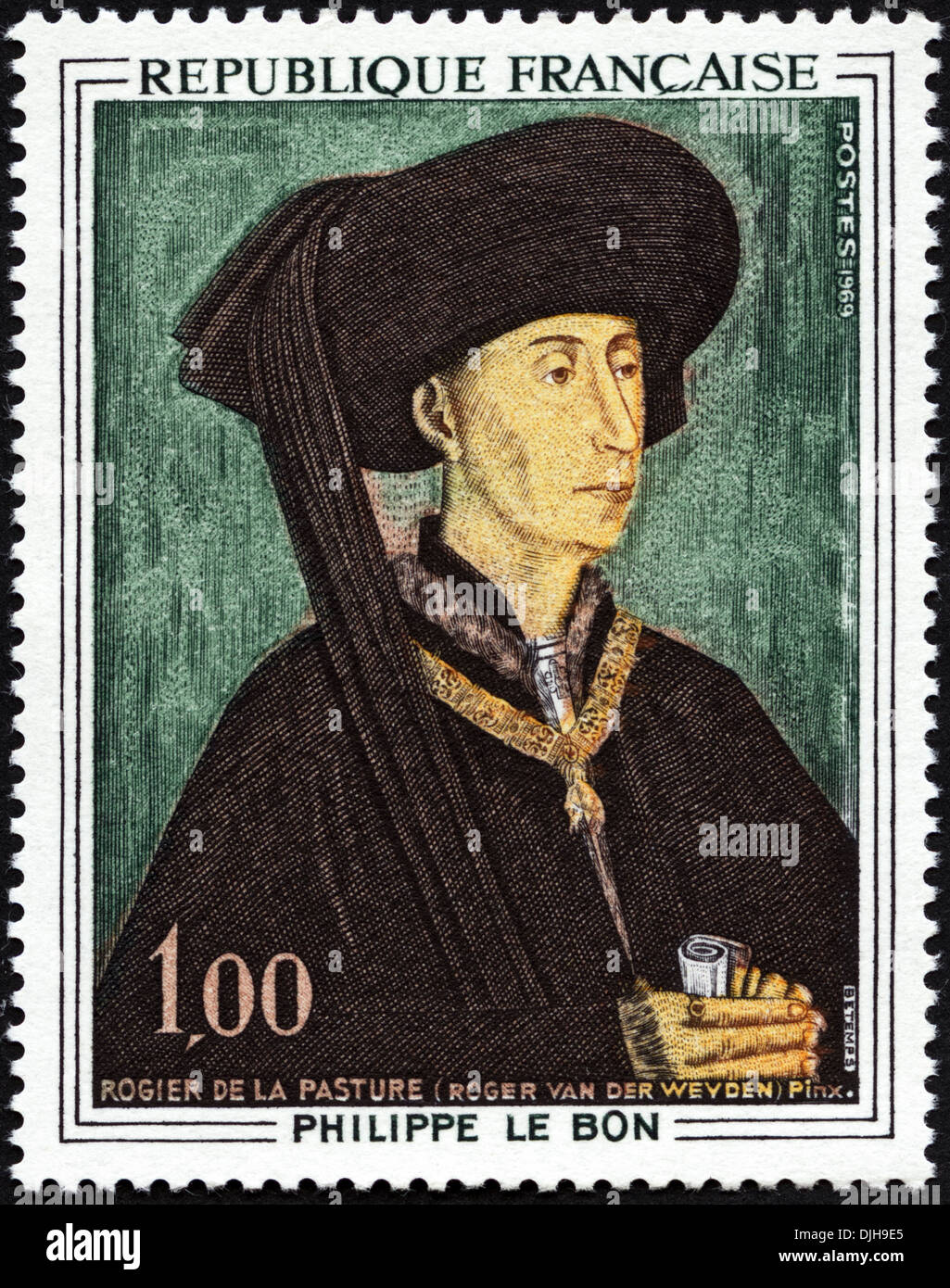 postage stamp Republic of France featuring painting of Philippe Le Bon Duke of Burgundy by Roger Van Der Weyden issued 1969 Stock Photo