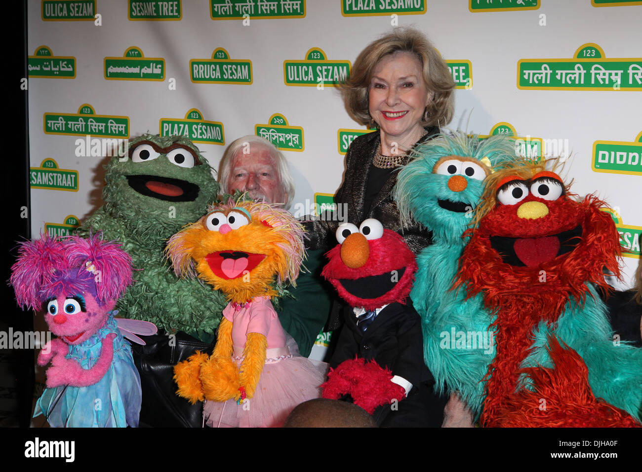 Caroll Spinney and Joan Ganz Cooney Jon Stewart with Elmo and Sesame Street Muppets to host Sesame Workshop's 10th Annual Stock Photo