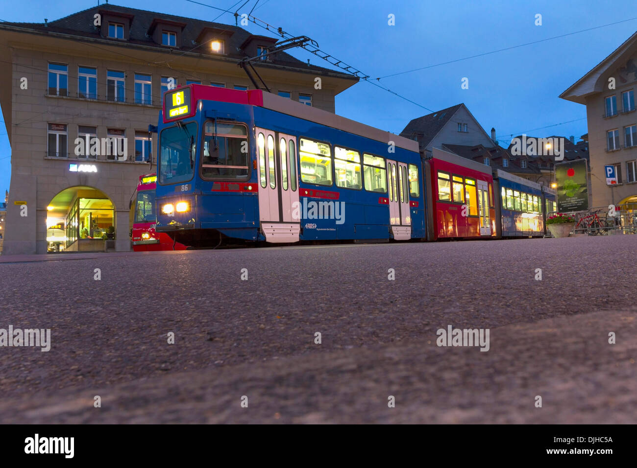 Night Tram in the Blue Hour, Bern Switzerland Stock Photo