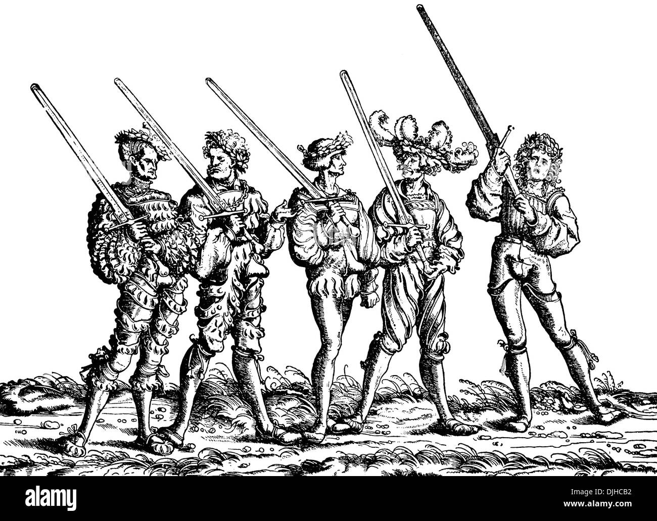 Mercenaries wearing Hosenlatzmode fashion, woodcut by H. Burgkmair 16th century Stock Photo