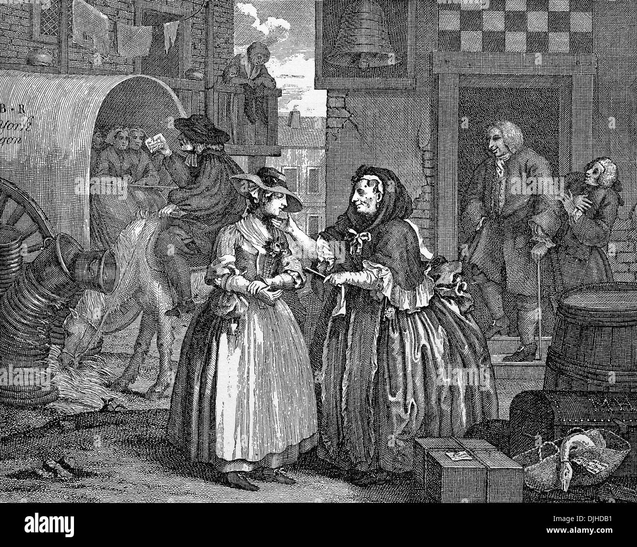 The intermediary as matchmaker, copper engraving by W Hogarth, 17th Century Stock Photo