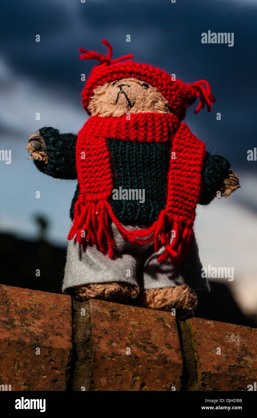 Beni, a teddy bear standing on a brick wall Stock Photo