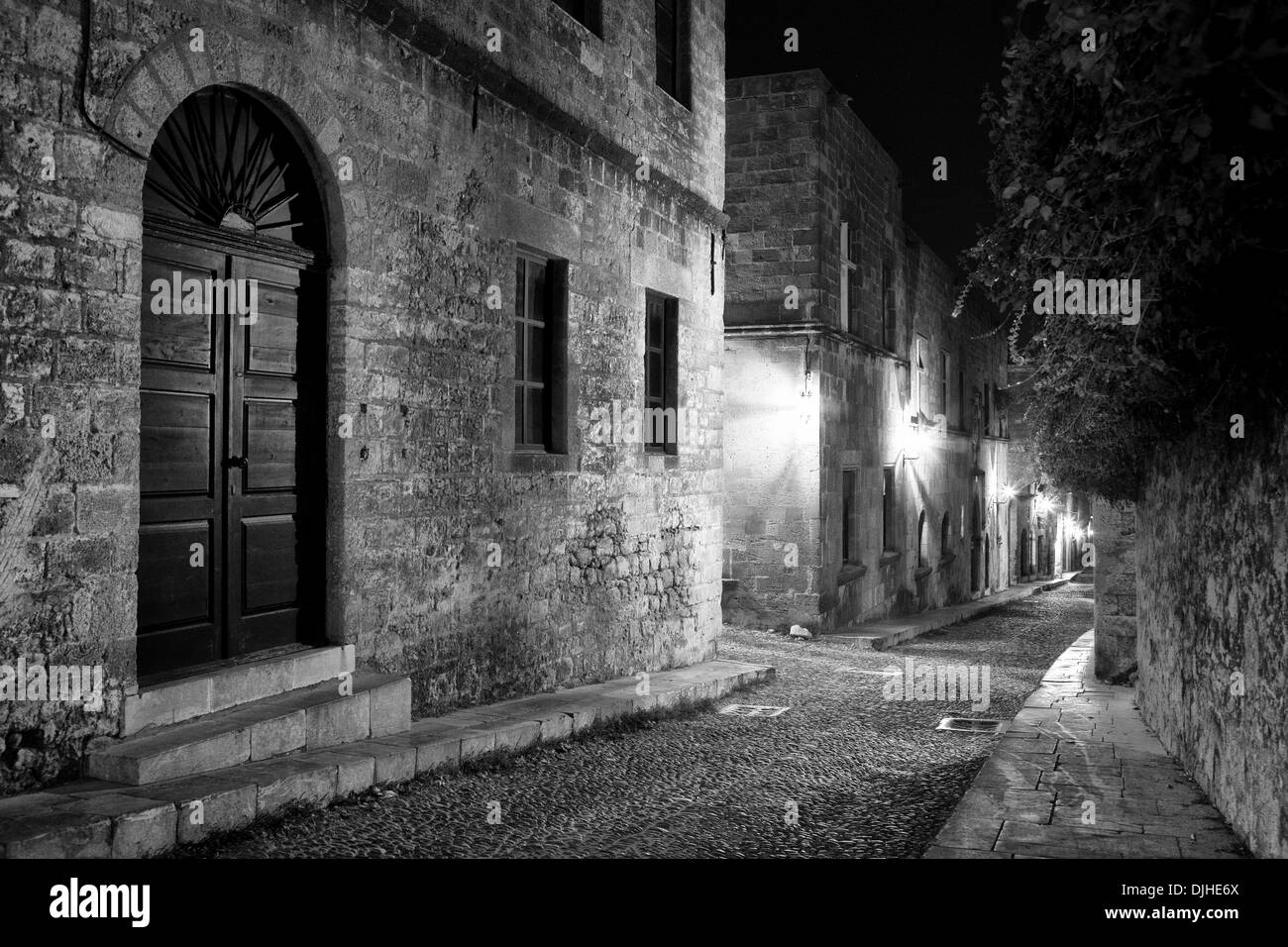Night image of the Street of Knights in classic black and white Stock ...