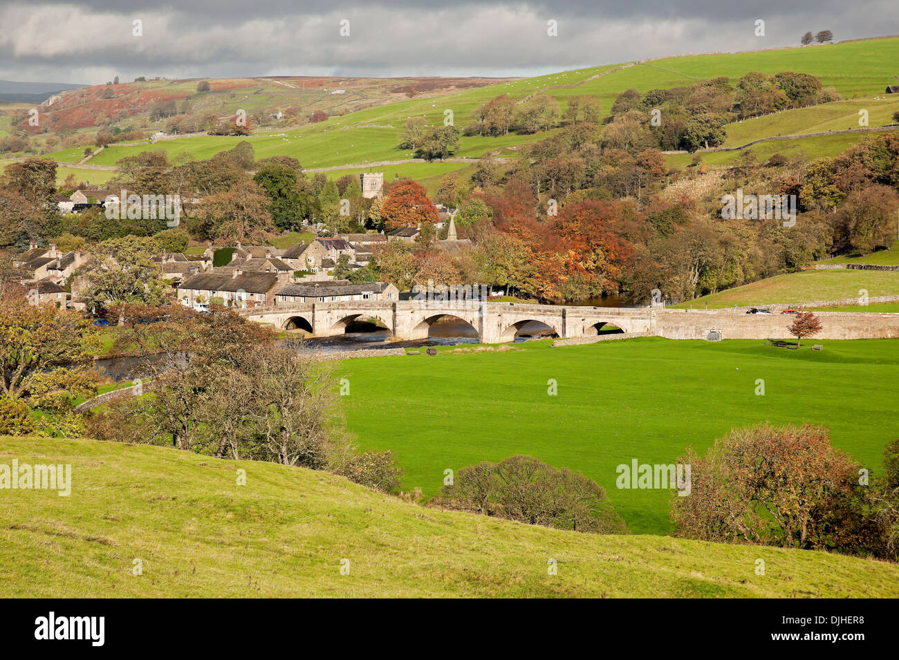 View of Burnsall village in autumn Lower Wharfedale Yorkshire Dales National Park North Yorkshire England UK United Kingdom GB Great Britain Stock Photo