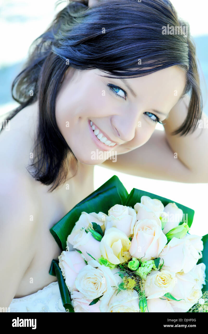 Wedding, portrait, face, bridge, women, daydream, love, happyness, white dress Stock Photo