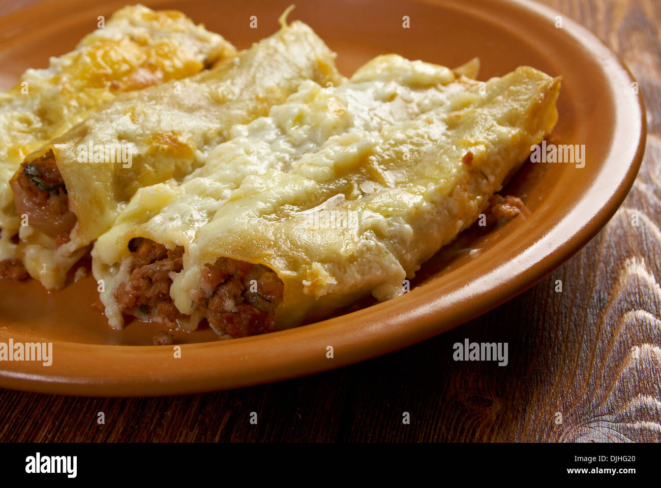 Cannelloni with beef ragu and topped with bechamel sauce.farmhouse kitchen Stock Photo Alamy