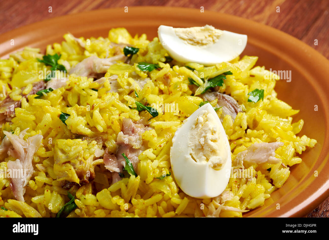 Scottish dish Kedgeree, flakes of smoked herring baked with rice