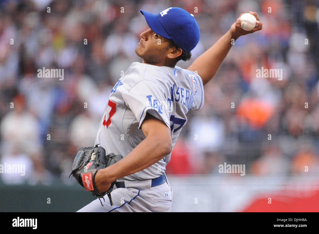 San Francisco, CA: The Los Angeles Dodgers starting pitcher Carlos Monasterios (37) pitches the ball. The San Francisco Giants won the game 6-5. (Credit Image: © Charles Herskowitz/Southcreek Global/ZUMApress.com) Stock Photo