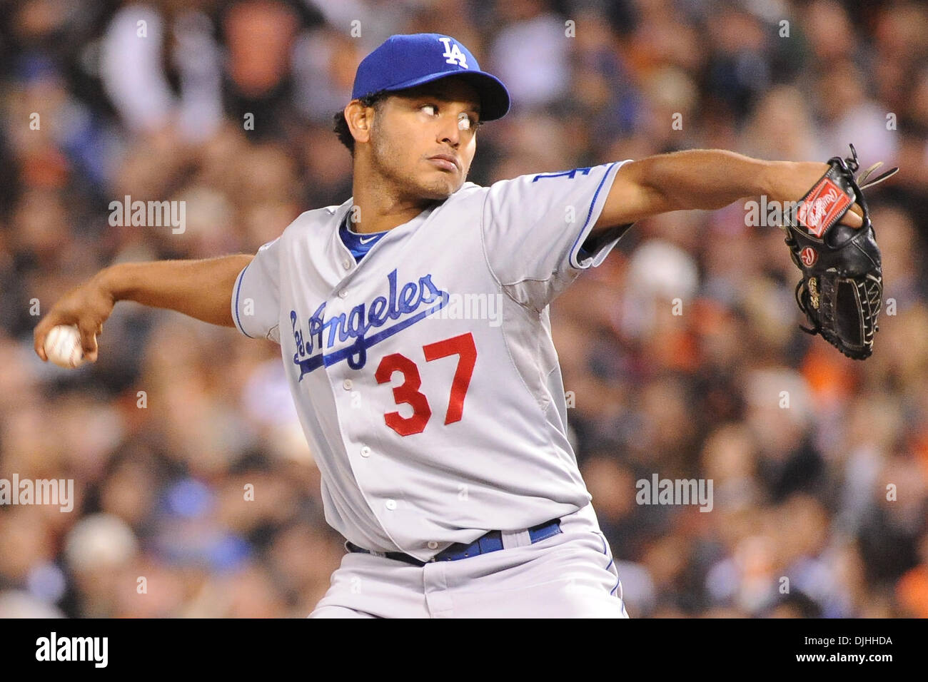 San Francisco, CA: The Los Angeles Dodgers starting pitcher Carlos Monasterios (37) pitches the ball. The San Francisco Giants won the game 6-5. (Credit Image: © Charles Herskowitz/Southcreek Global/ZUMApress.com) Stock Photo