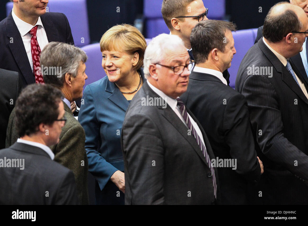 Berlin, Germany. 28th Nov, 2013. German Chancellor Angela Merkel (C) attends the plenary session of the Bundestag (lower house of parliament) in Berlin, Germany, on Nov. 28, 2013. Credit:  Zhang Fan/Xinhua/Alamy Live News Stock Photo
