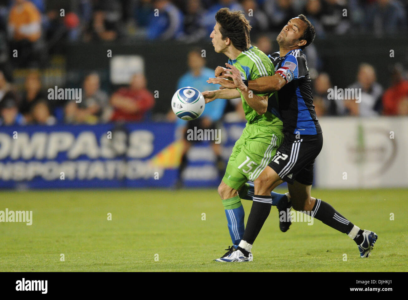 July 31, 2010 - Santa Clara, California, United States of America - 31 July 2010: San Jose Earthquakes M Ramiro Corrales (12) fouls Seattle Sounders M Alvaro Fernandez (15) during the MLS match between the San Jose Earthquakes and Seattle Sounders at Buck Shaw Stadium in Santa Clara, CA.  The visiting Sounders won 1-0 and picked up the second annual Heritage Cup..Mandatory Credit:  Stock Photo