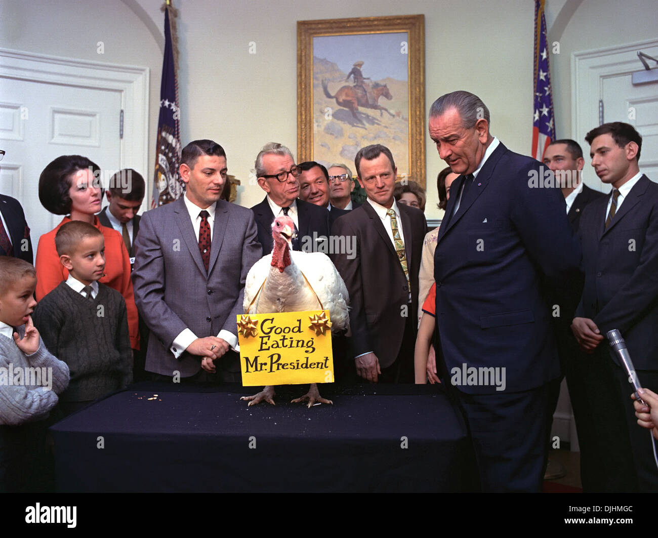 US President Lyndon Johnson during the presentation of the Thanksgiving Turkey in the Roosevelt Roonm of the White House November 16, 1967 in Washington, DC. Stock Photo