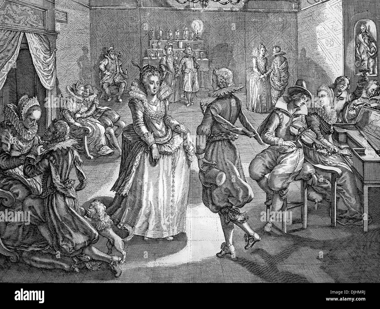 Dancing pleasure, French copper engraving, 17th century Stock Photo