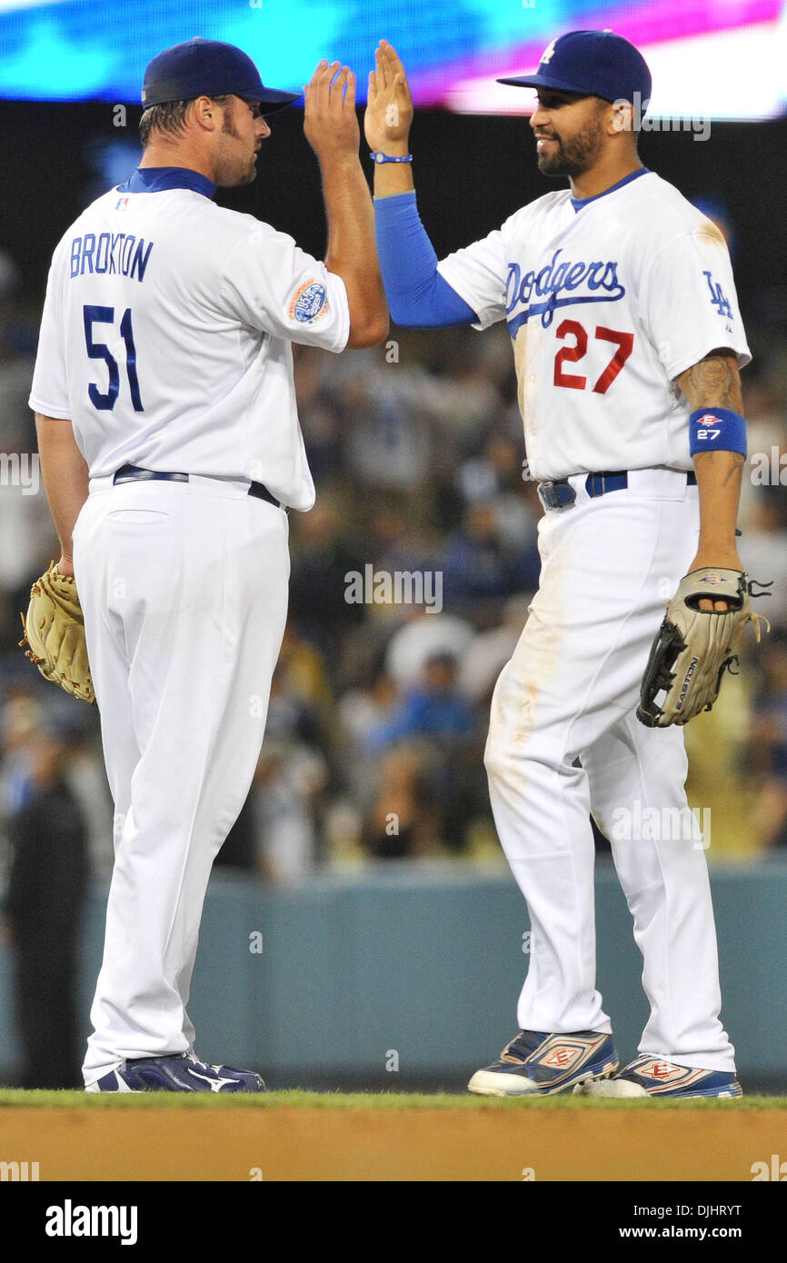 Aug. 03, 2010 - Los Angeles, California, United States of America - 3 August 2010: Los Angeles Dodgers relief pitcher Jonathan Broxton (51) and center fielder Matt Kemp celebrate the victory. The San Diego Padres lost to the Los Angeles Dodgers by a score of 2-1 at Dodger Stadium in Los Angeles,. California..Mandatory Credit: Andrew Fielding / Southcreek Global (Credit Image: © Sou Stock Photo