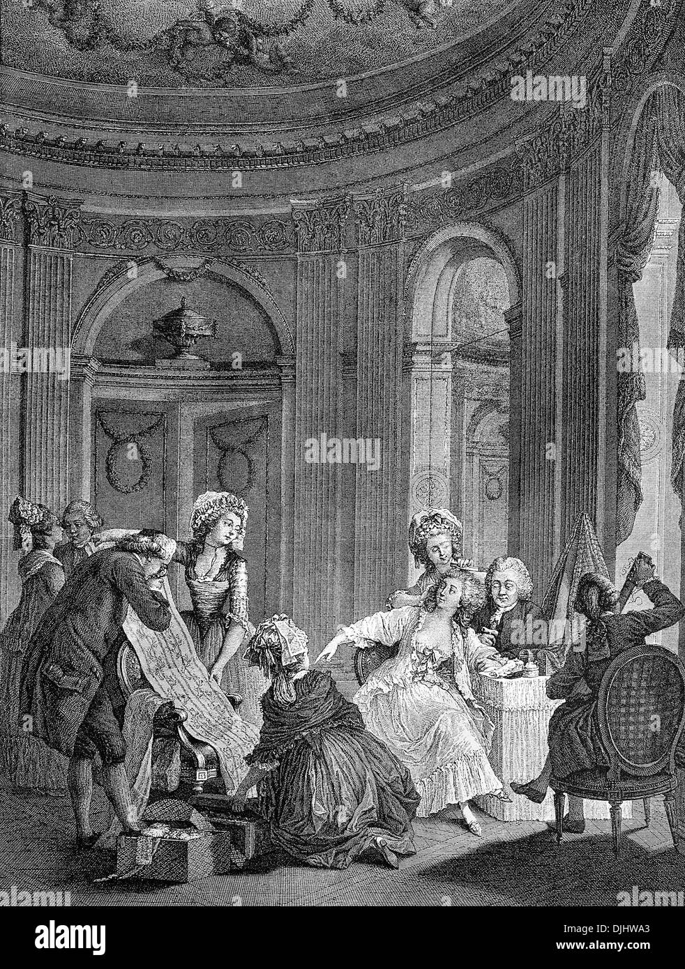 The noble lady at her morning toilet, copper engraving by de Launay, around 1775 Stock Photo