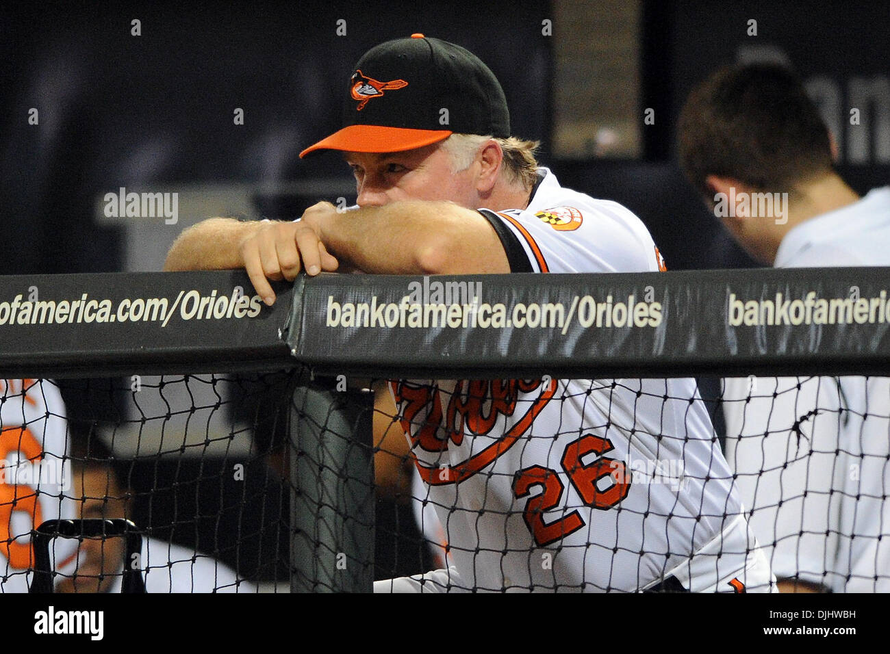 Aug. 04, 2010 - Baltimore, Maryland, United States of America - 04 August 2010: Baltimore Orioles manager Buck Showalter (26) stands in the dugout during Wednesday night's game against the Los Angeles Angels at Camden Yards in Baltimore, MD...Mandatory Credit: Russell Tracy / Southcreek Global (Credit Image: Â© Southcreek Global/ZUMApress.com) Stock Photo