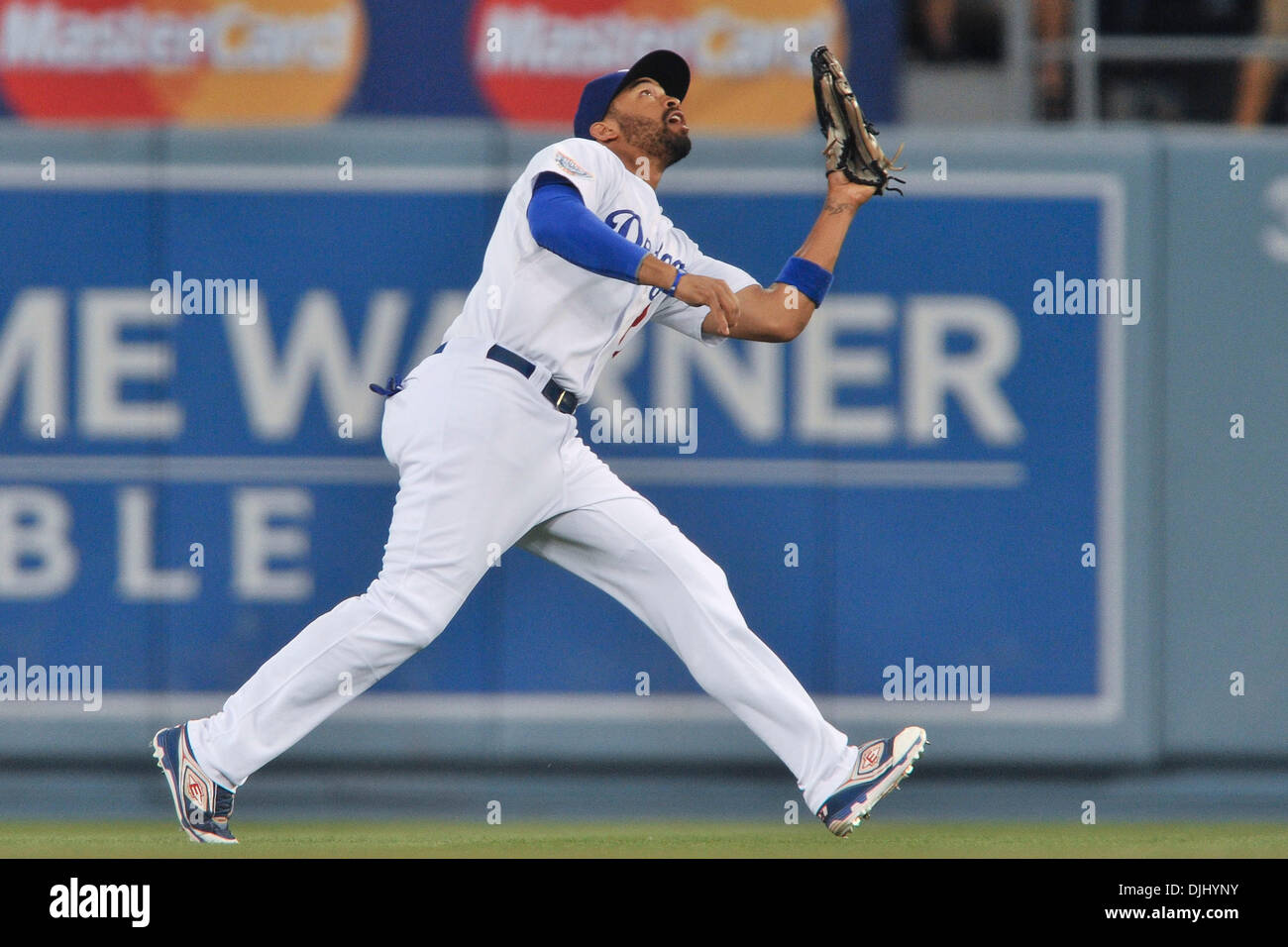 Aug. 04, 2010 - Los Angeles, California, United States of America - 4 August 2010: Los Angeles Dodgers center fielder Matt Kemp (27) comes in to make a catch. The San Diego Padres were shutout by the Los Angeles Dodgers by a score of 9-0 at Dodger Stadium in Los Angeles,. California..Mandatory Credit: Andrew Fielding / Southcreek Global (Credit Image: © Southcreek Global/ZUMApress. Stock Photo
