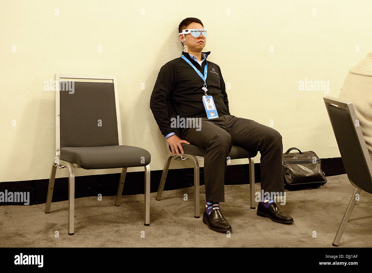 man wearing technology glasses at Dreamforce 2013 Stock Photo