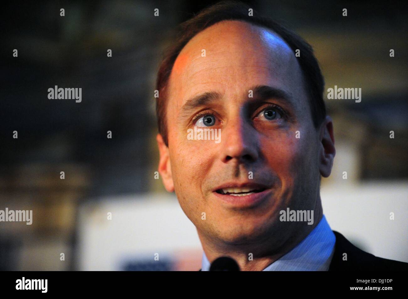 Aug. 06, 2010 - Manhattan, New York, U.S. - Inductee NY Yankees GM BRIAN CASHMAN speaks at the ceremony as Irish Americans are inducted into the Irish American Baseball Hall of Fame at Foley's NY Pub & Restaurant on West 33rd Street. (Credit Image: Â© Bryan Smith/ZUMApress.com) Stock Photo