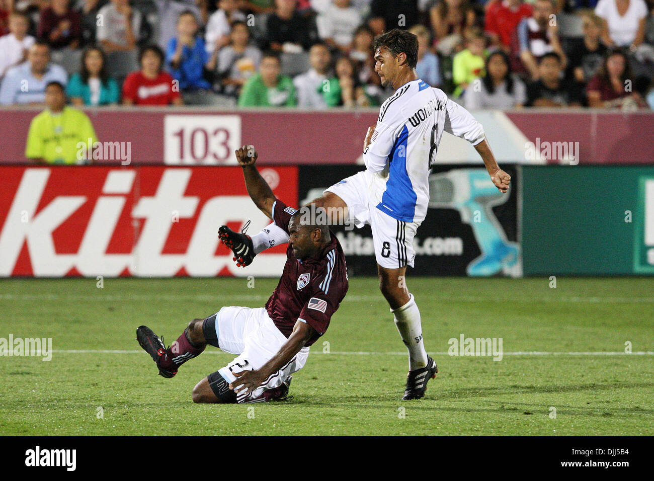 Aug. 07, 2010 - Commerce City, Colorado, United States of America - August 7, 2010: Colorado defender MARVELL WYNNE (22) gets in the way of San Jose forward CHRIS WONDOLOWSKI (8) at Dick's Sporting Good Park in Commerce City, Colorado. The Colorado Rapids won the game 1-0. Mandatory Credit: Evan Meyer / Southcreek Global (Credit Image: © Southcreek Global/ZUMApress.com) Stock Photo
