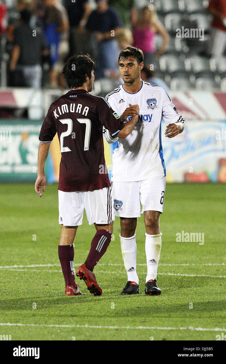 Aug. 07, 2010 - Commerce City, Colorado, United States of America - August 7, 2010: Rapids defender KOSUKE KIMURA (27) and Earthquakes forward CHRIS WONDOLOWSKI (8) congratulate each other after the game at Dick's Sporting Good Park in Commerce City, Colorado. Colorado won the game 1-0. Mandatory Credit: Evan Meyer / Southcreek Global (Credit Image: © Southcreek Global/ZUMApress.co Stock Photo