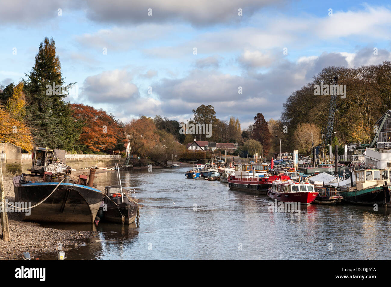 Boats stranded River Thames at low tide during the annual draw off