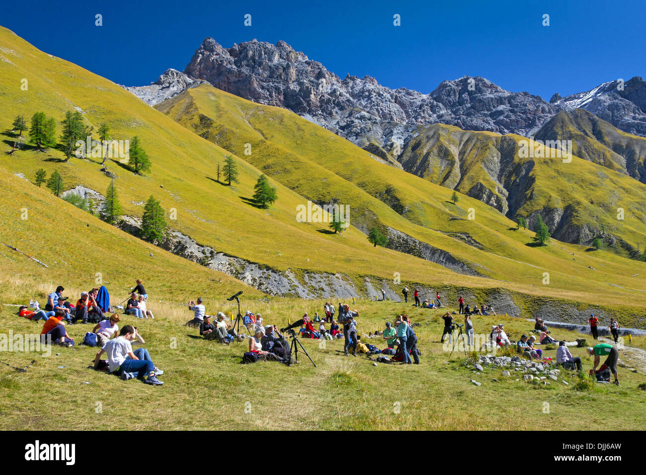 Tourists resting in the mountain valley Val Trupchun, Swiss National Park at Graubünden / Grisons in the Alps, Switzerland Stock Photo