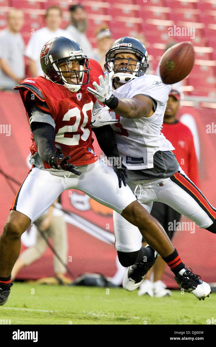 August 7, 2010: Tampa Buccaneers CR RHONDE BARBER (#20) breaks up a pass to WR MICHAEL CLAYTON during night training camp team drills at the Raymond James Stadium in Tampa, Florida. (Credit Image: © Anthony Smith/Southcreek Global/ZUMApress.com) Stock Photo