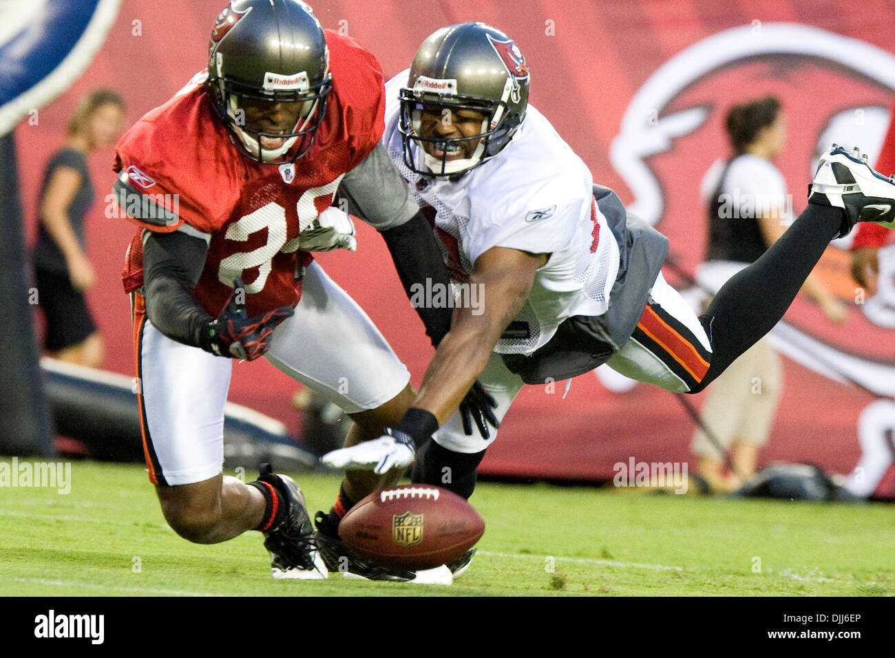 August 7, 2010: Tampa Buccaneers CR RHONDE BARBER (#20) breaks up a pass to WR MICHAEL CLAYTON during night training camp team drills at the Raymond James Stadium in Tampa, Florida. (Credit Image: © Anthony Smith/Southcreek Global/ZUMApress.com) Stock Photo