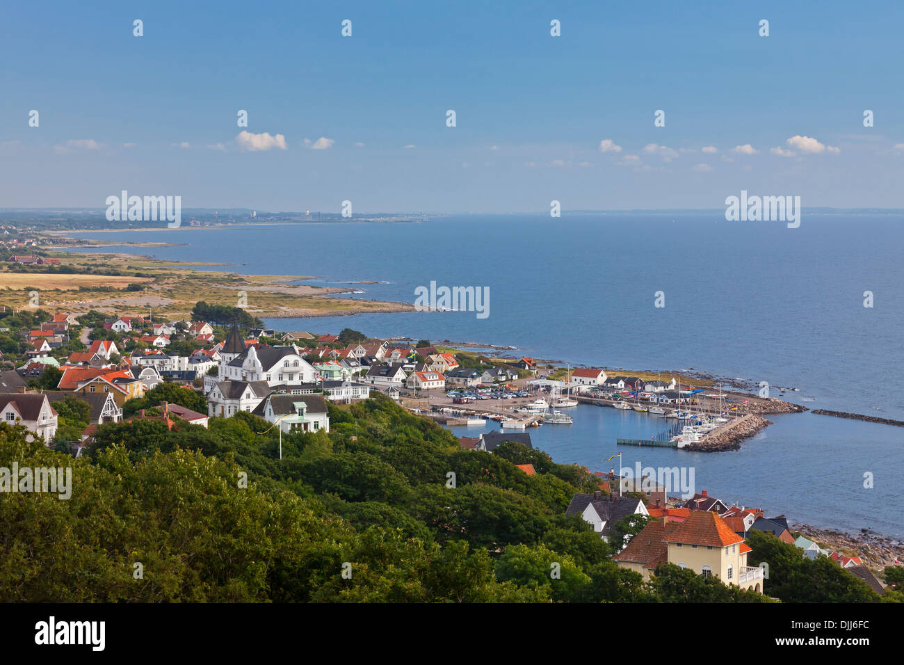 View over the harbour at Mölle in the Kattegat Strait, Skåne / Scania, Sweden, Scandinavia Stock Photo