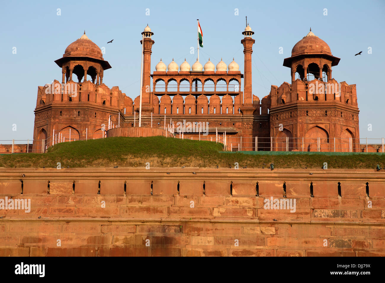 Walls of the Red Fort. The impressive wall was built in red sandstone. Stock Photo