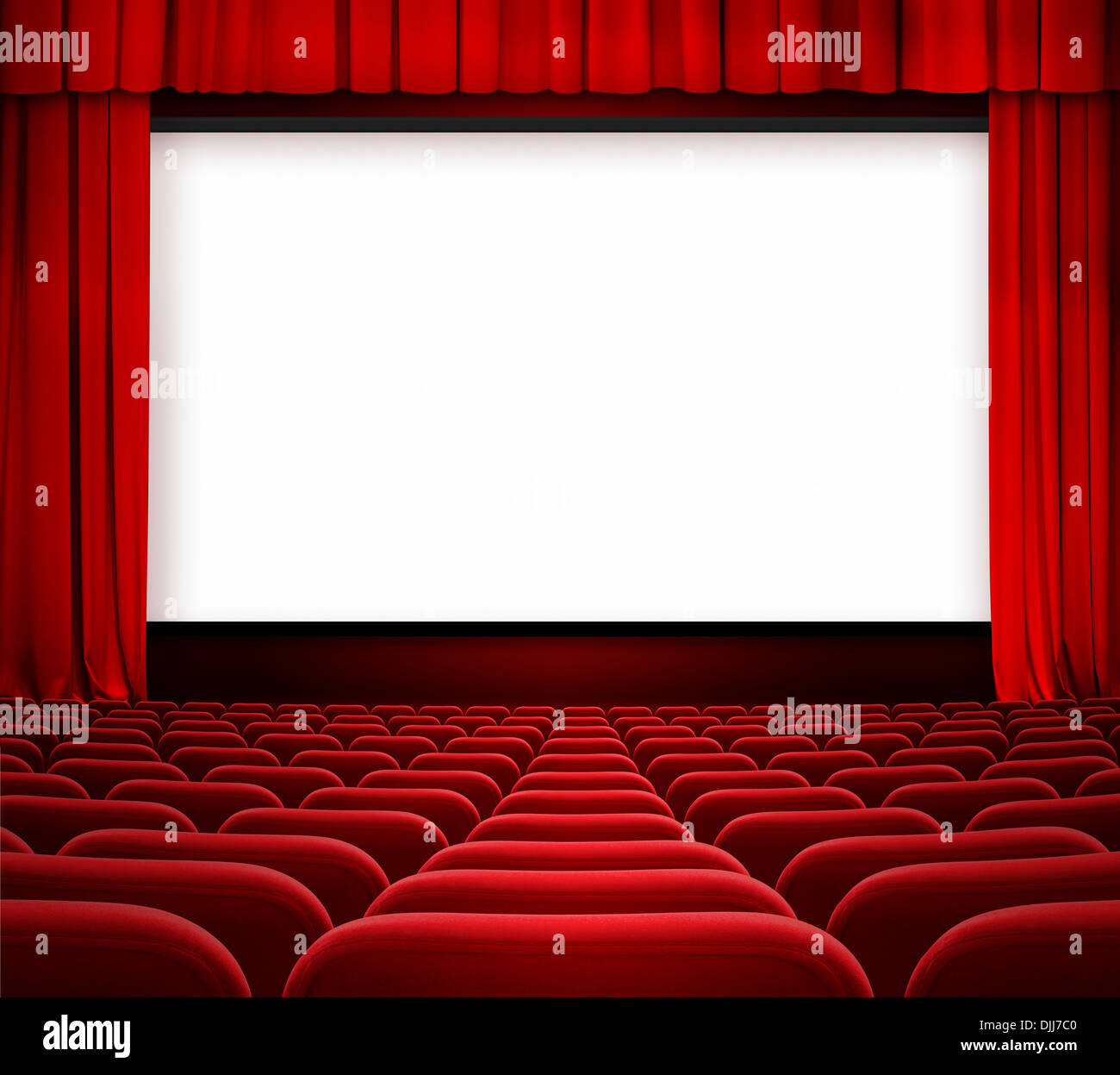 cinema screen with open curtain and red seats Stock Photo