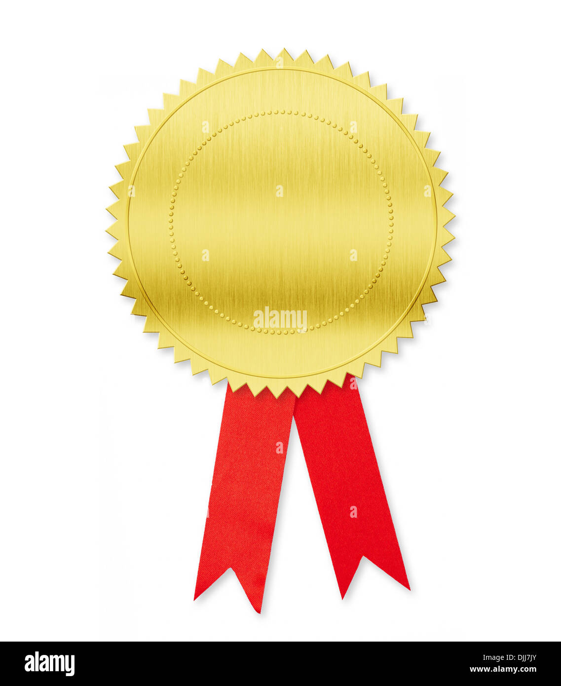 Golden medal with red bow isolated on white Stock Photo