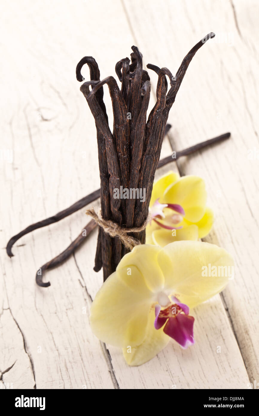 Vanilla sticks with a flower on a white wooden table. Stock Photo