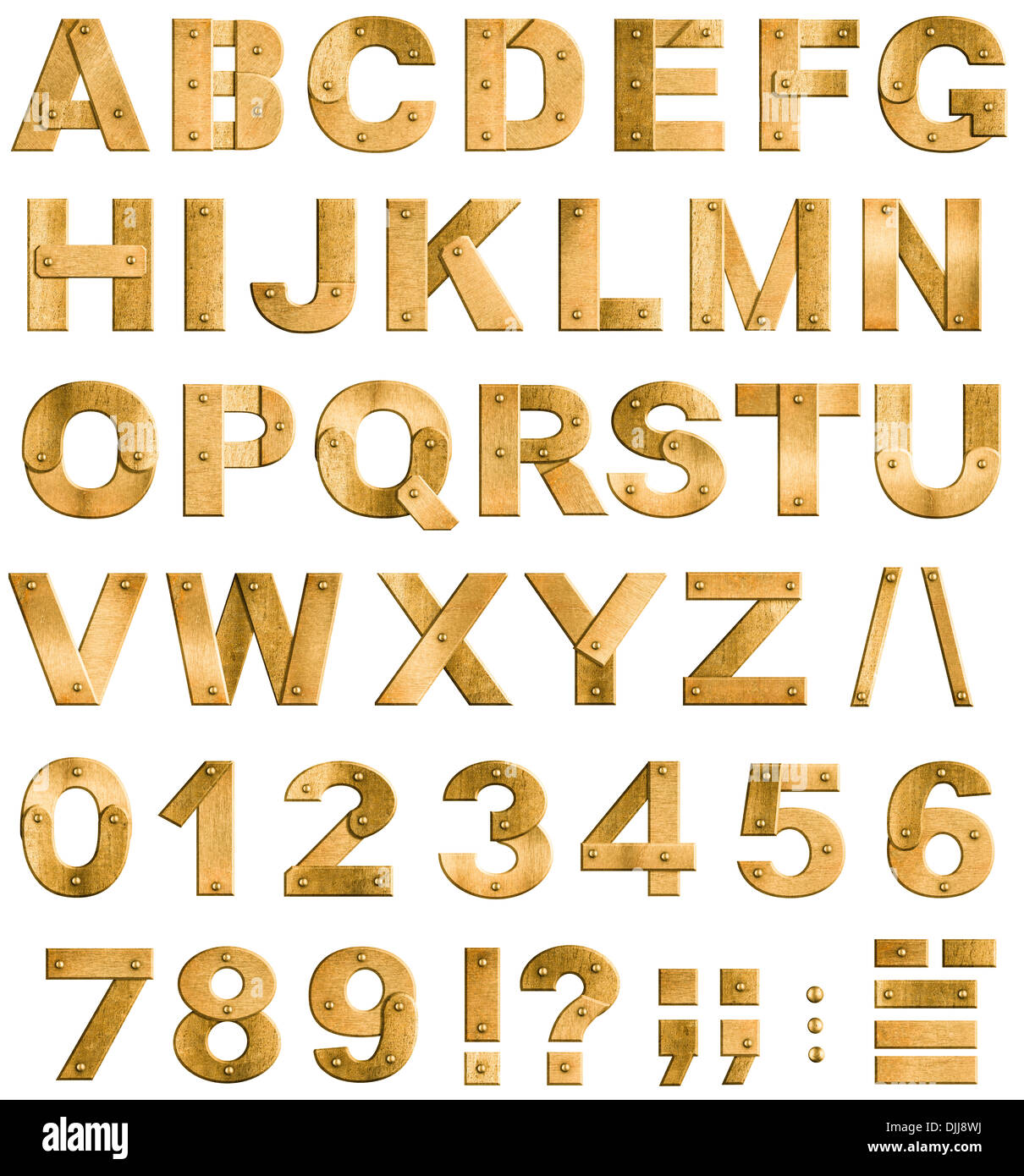 Golden or brass metal alphabet letters, digits and punctuation marks. Font isolated on white. Stock Photo