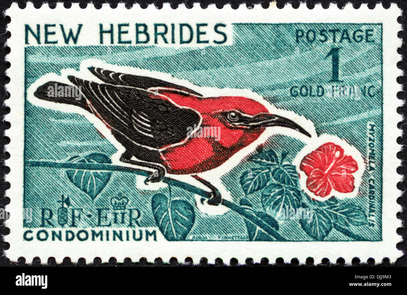 postage stamp New Hebrides Condominium 1F featuring Myzomela Cardinalis issued 1966 Stock Photo